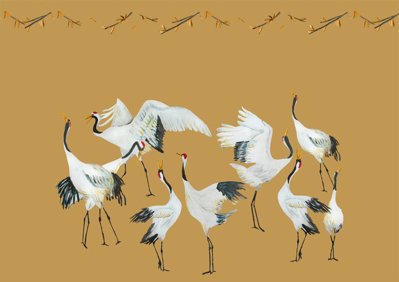 Wallpaper cranes ocher yellow Japanse Crane Dance