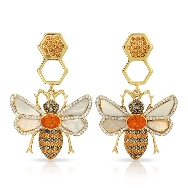 Bee Honeycomb in Mother of Pearl and Topaz Earrings - THE WILD SHOWCASE