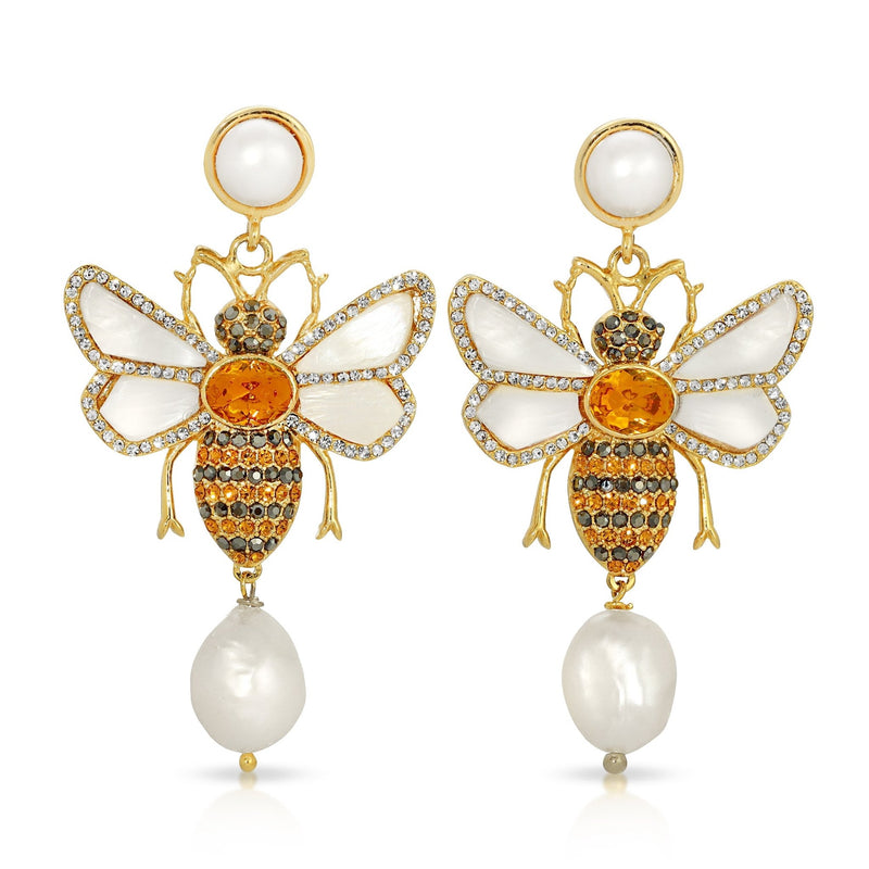 Bee in Mother of Pearl and Topaz Earrings - THE WILD SHOWCASE