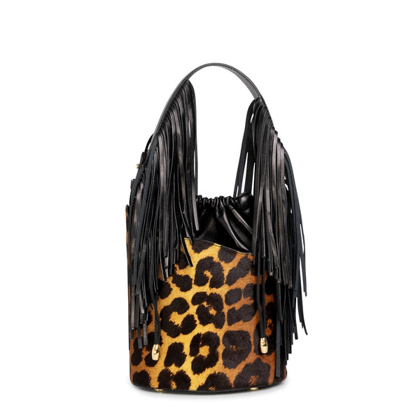 Dune Mini Bucket Bag: Designer Leopard Print Bag with Fringe - THE WILD SHOWCASE