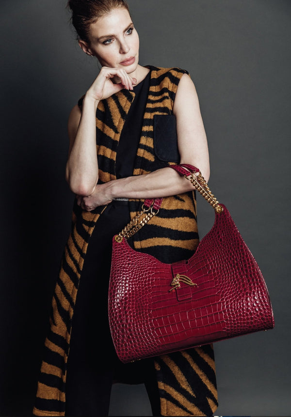 Empire Cheetah Hobo Bag: Designer Shoulder Bag in Bordeaux Leather - THE WILD SHOWCASE