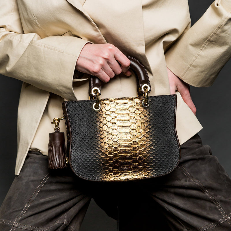 Mademoiselle Satchel: Designer Crossbody Bag in Gold Snakeskin - THE WILD SHOWCASE